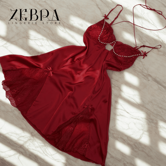 Nuisette Passion Rouge Satin & Dentelle Perlée
