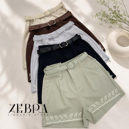 Shorts femme taille haute avec ceintures tressées en beige, marron, gris, noir et vert